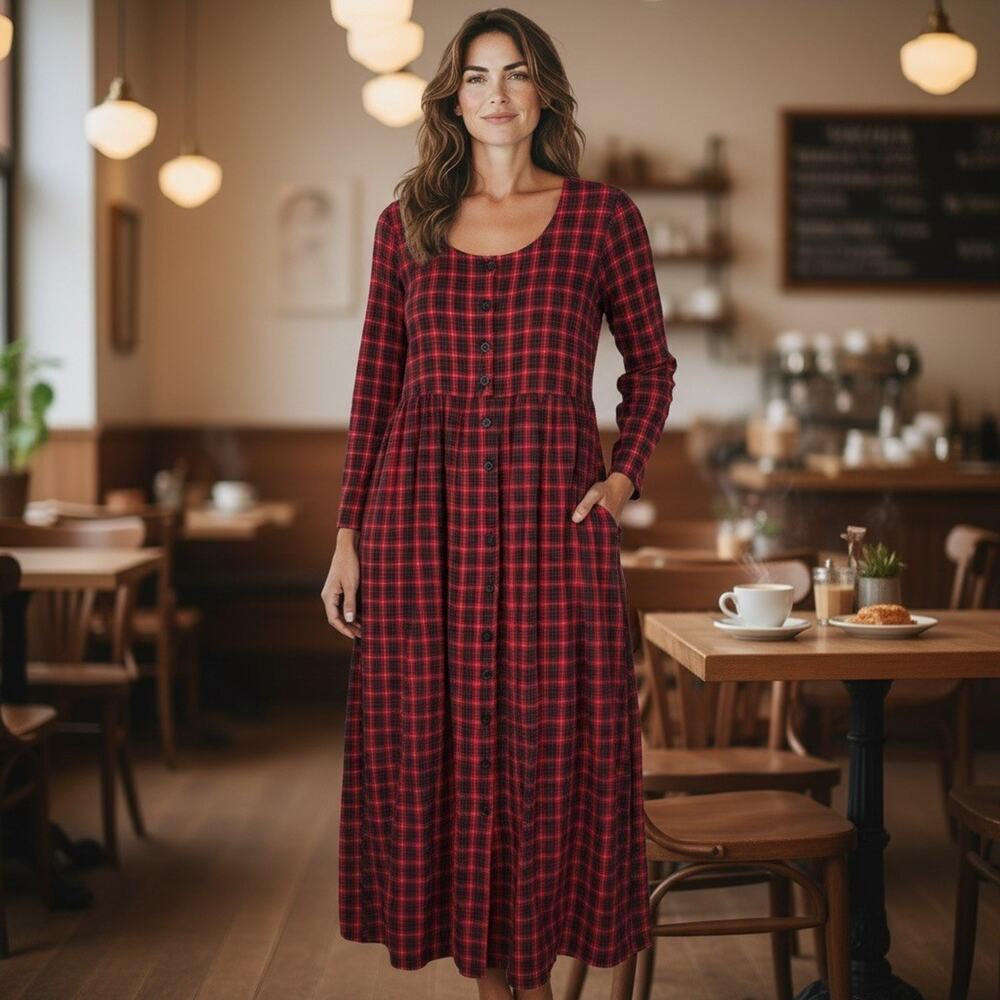 VTG 90s Maxi Dress 8 Tartan Plaid Cottage Prairie Country Academia Cozy Cotton
